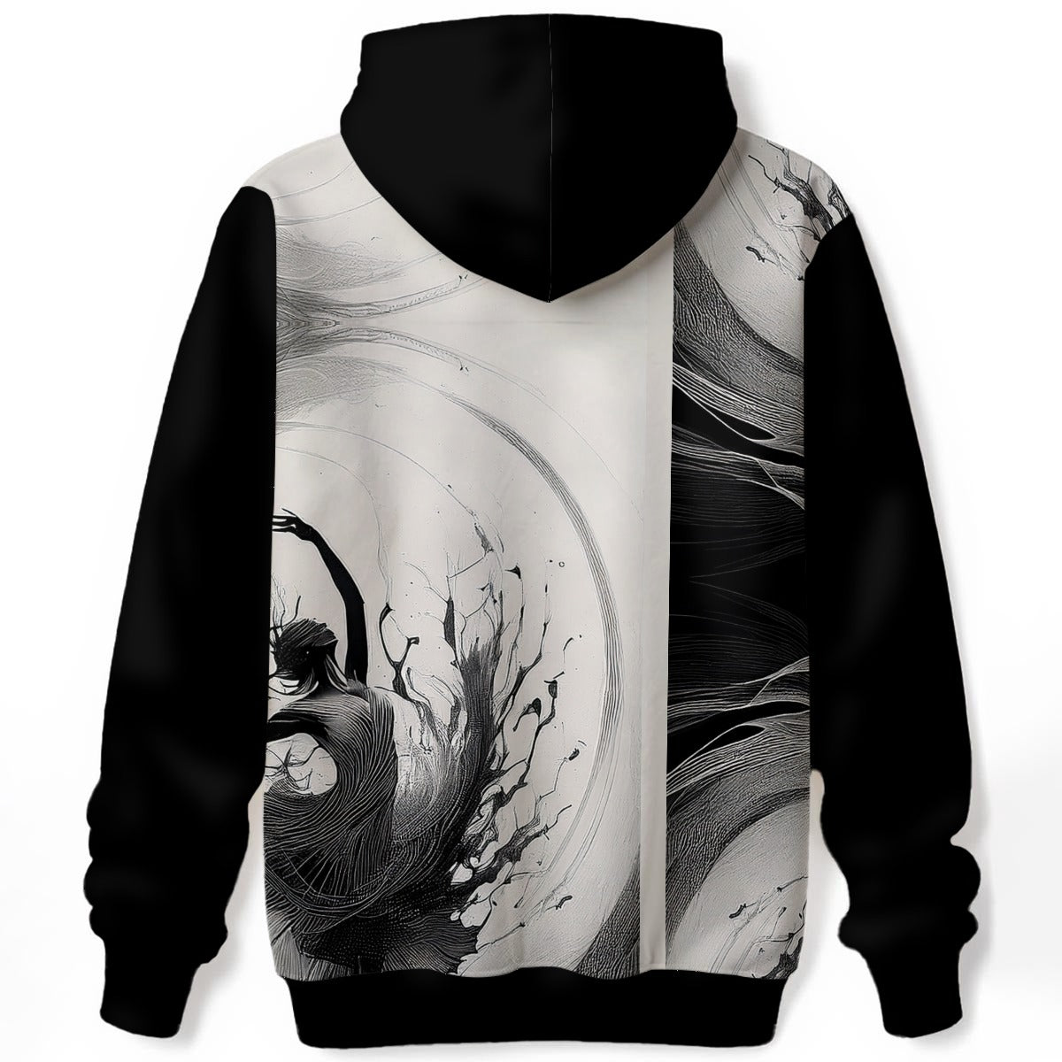 Organic wood grain ballet dancer design with birds in flight on monochrome statement hoodie