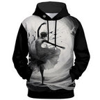 Ballet dancer sculpted from wood grain texture with flowing movement on a black  hoodie.