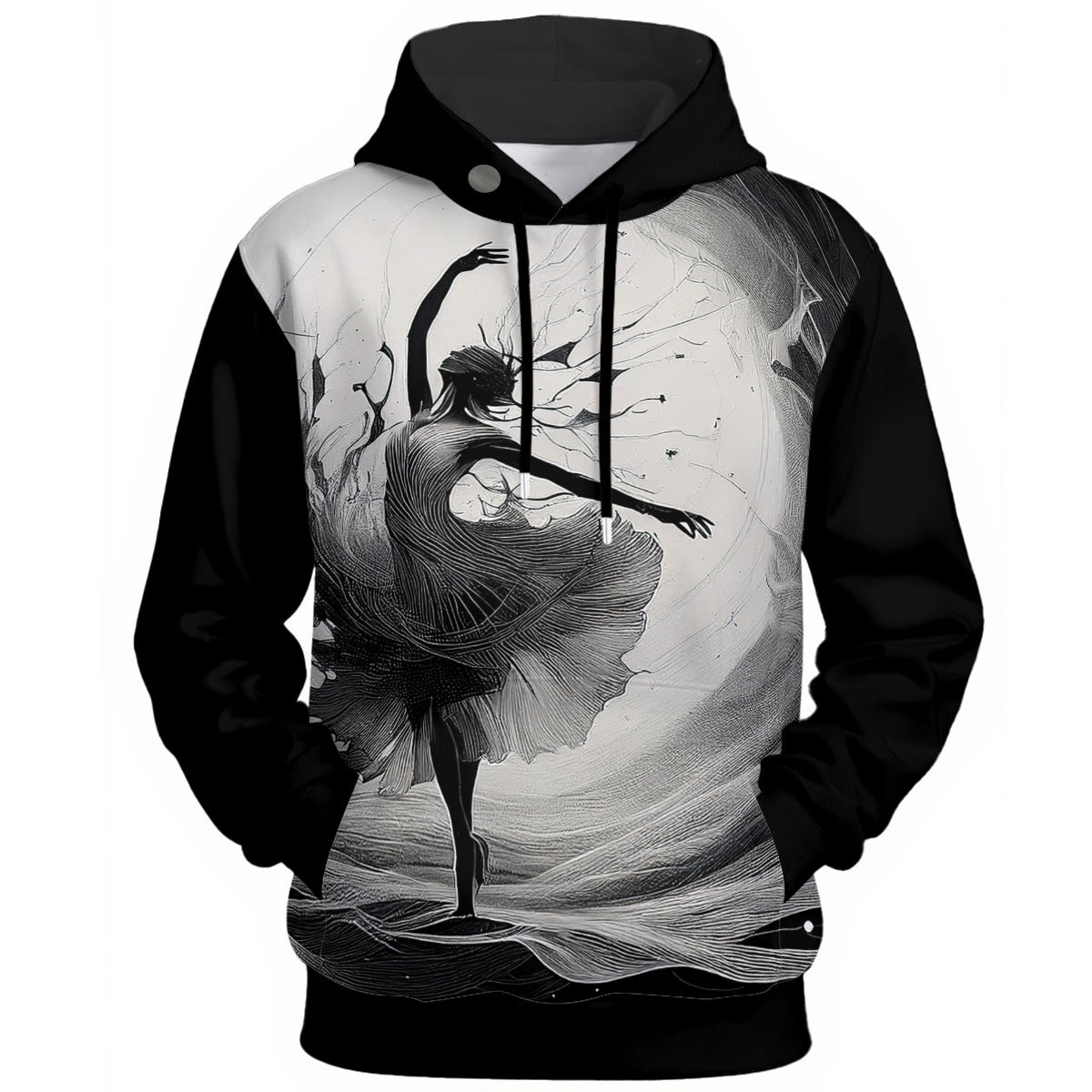Ballet dancer sculpted from wood grain texture with flowing movement on a black  hoodie.