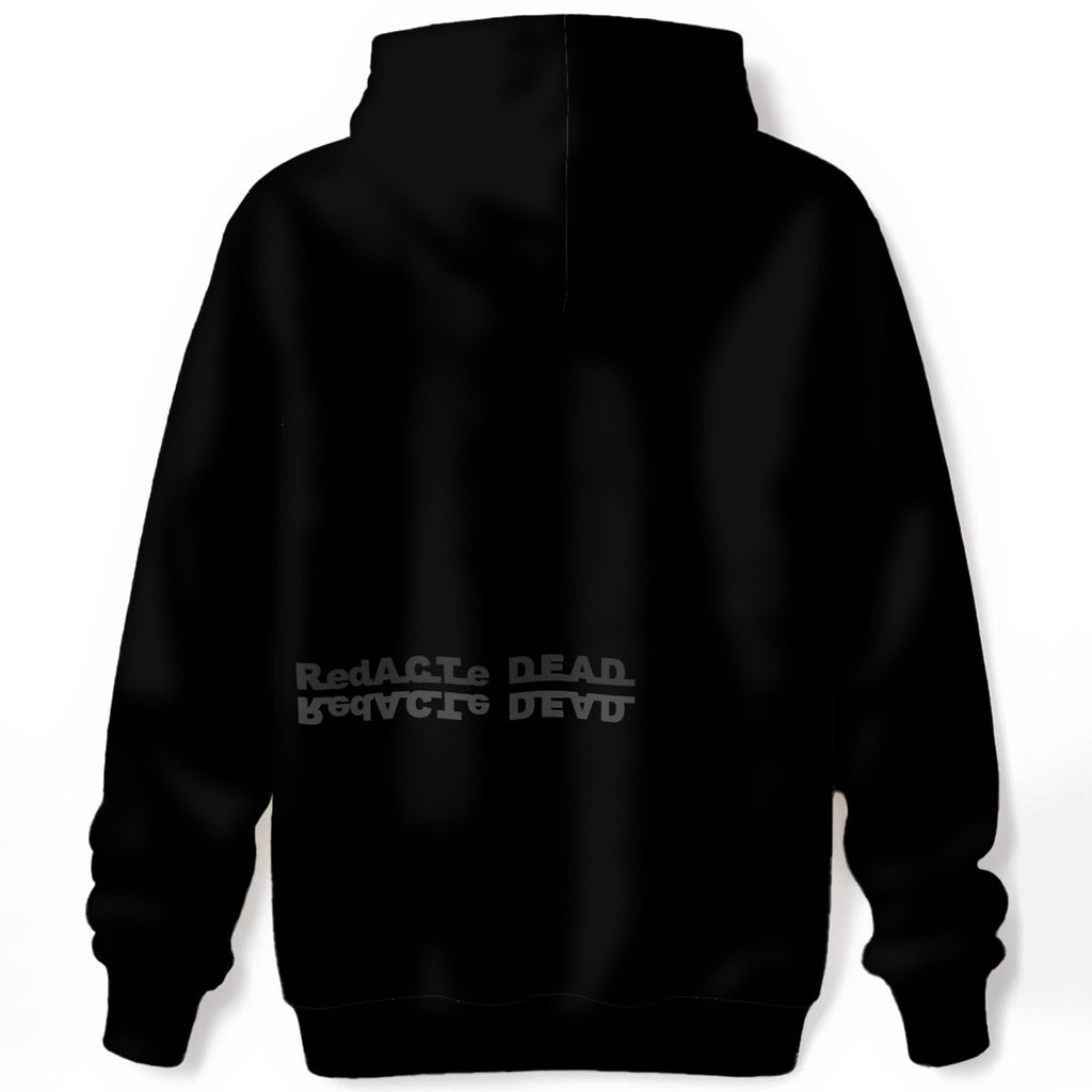 Black hoodie back with redACTe DEAD mirrored text at lower back
