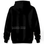 Black hoodie back with redACTe DEAD mirrored text at lower back