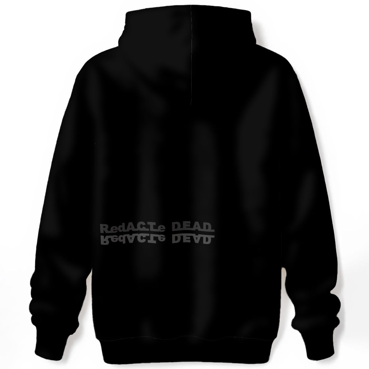 Black hoodie back with redACTe DEAD mirrored text at lower back