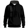 Black hoodie with tonal redACTe DEAD vertical text design on chest

