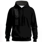 Black hoodie with tonal redACTe DEAD vertical text design on chest
