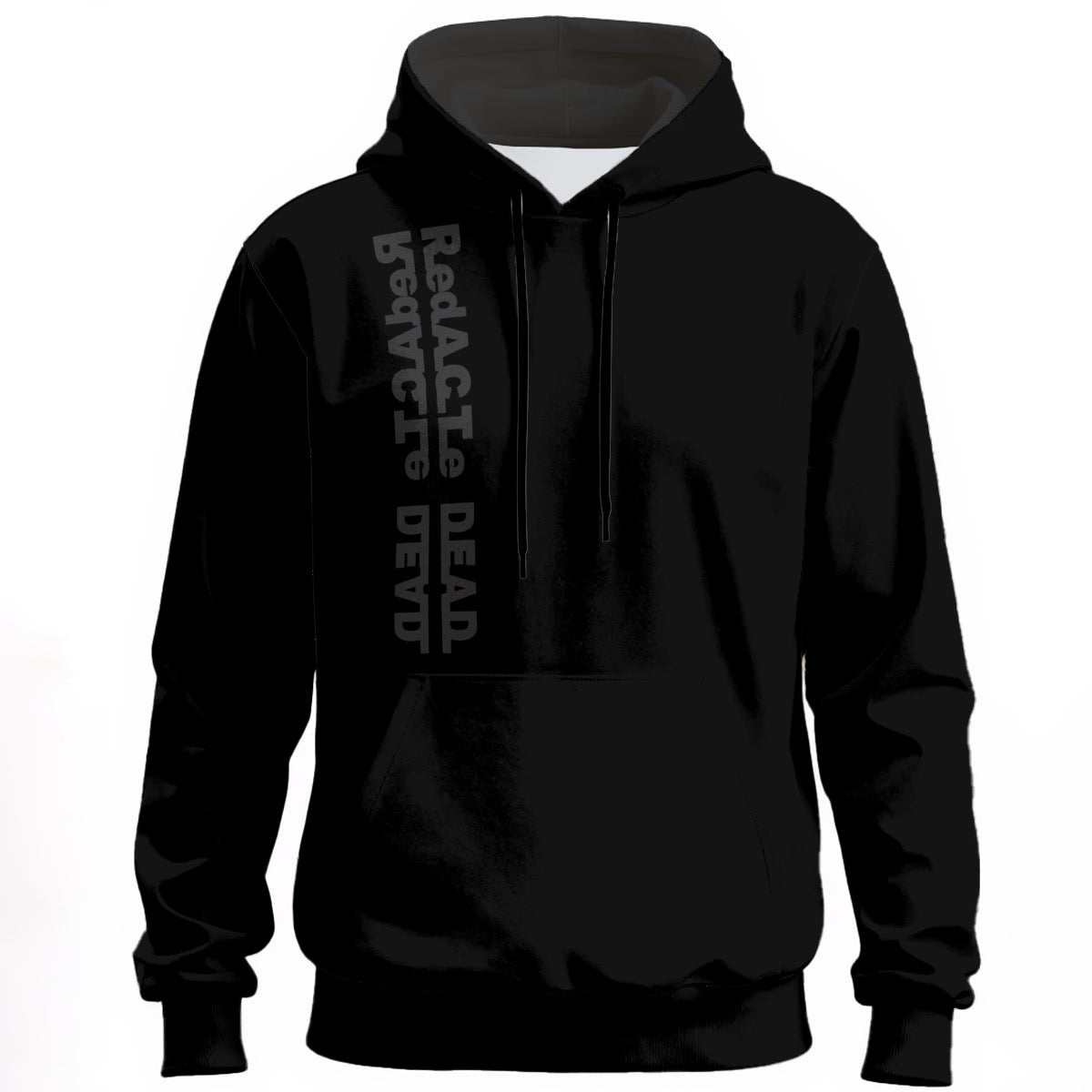 Black hoodie with tonal redACTe DEAD vertical text design on chest
